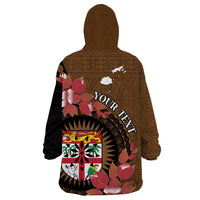 Personalised Fiji Day Wearable Blanket Hoodie Fijian Tapa Pattern Mix Tagimoucia - Brown Version