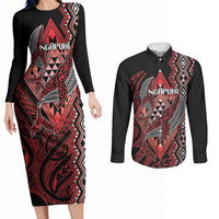 Aotearoa Iwi Ngapuhi Personalised Couples Matching Long Sleeve Bodycon Dress and Long Sleeve Button Shirt NZ Maori Humpback Whale Taniko Motifs LT14 Red - Polynesian Pride