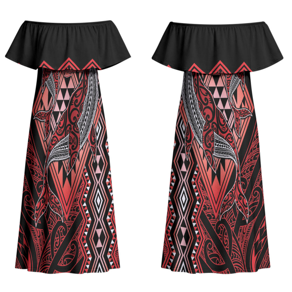 Aotearoa Iwi Ngapuhi Personalised Couples Matching Off Shoulder Maxi Dress and Long Sleeve Button Shirt NZ Maori Humpback Whale Taniko Motifs LT14 - Polynesian Pride