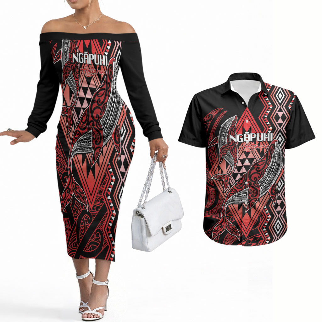 Aotearoa Iwi Ngapuhi Personalised Couples Matching Off The Shoulder Long Sleeve Dress and Hawaiian Shirt NZ Maori Humpback Whale Taniko Motifs