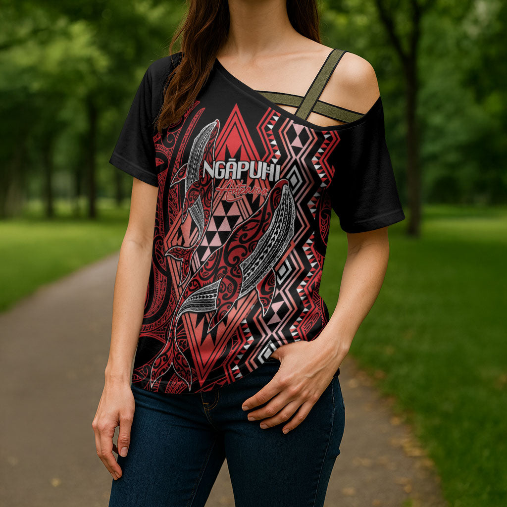 Aotearoa Iwi Ngapuhi Personalised Cross Shoulder Shirt NZ Maori Humpback Whale Taniko Motifs LT14 - Polynesian Pride