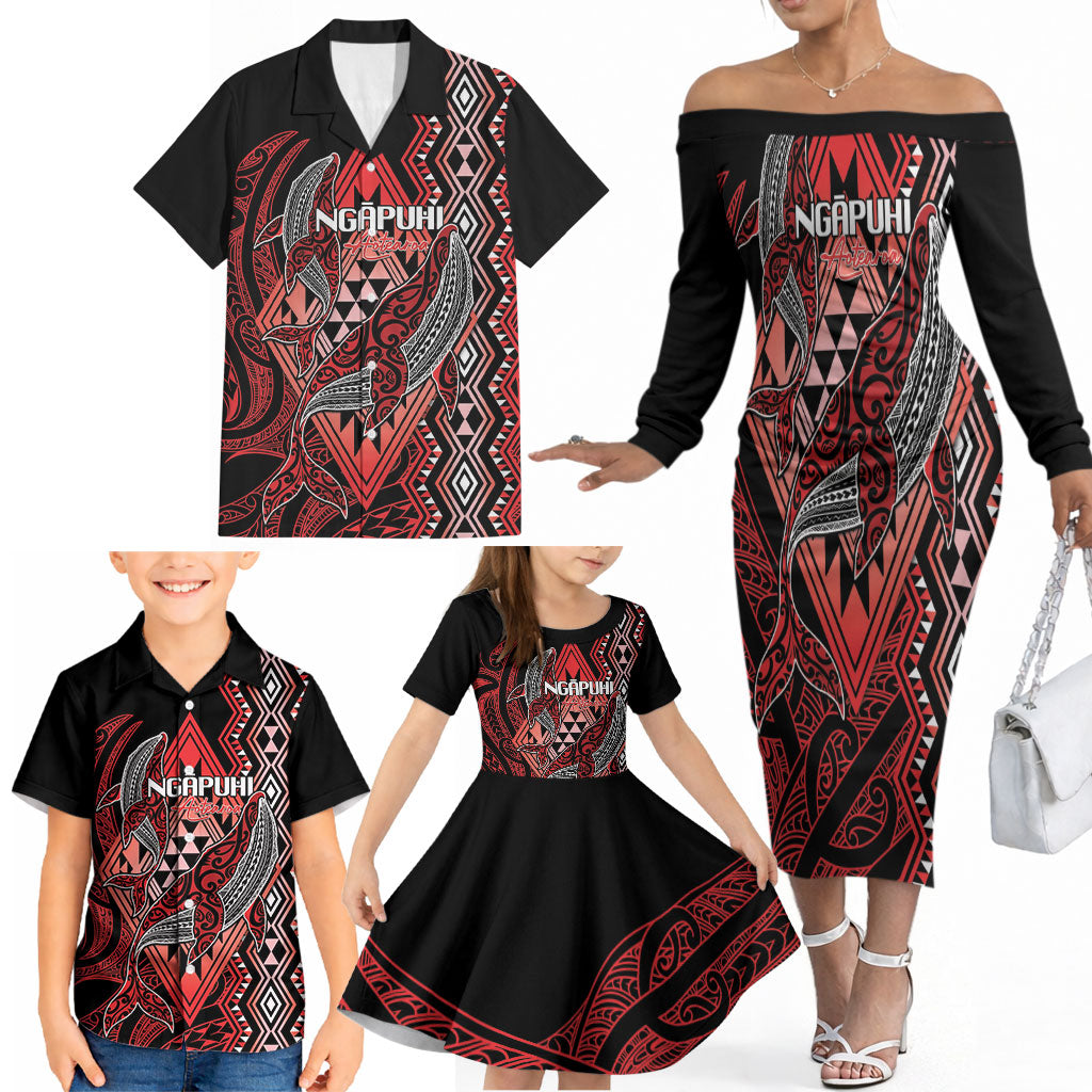 Aotearoa Iwi Ngapuhi Personalised Family Matching Off The Shoulder Long Sleeve Dress and Hawaiian Shirt NZ Maori Humpback Whale Taniko Motifs