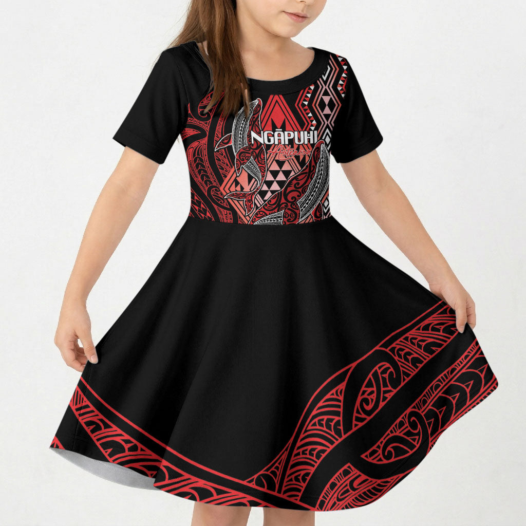 Aotearoa Iwi Ngapuhi Personalised Kid Short Sleeve Dress NZ Maori Humpback Whale Taniko Motifs