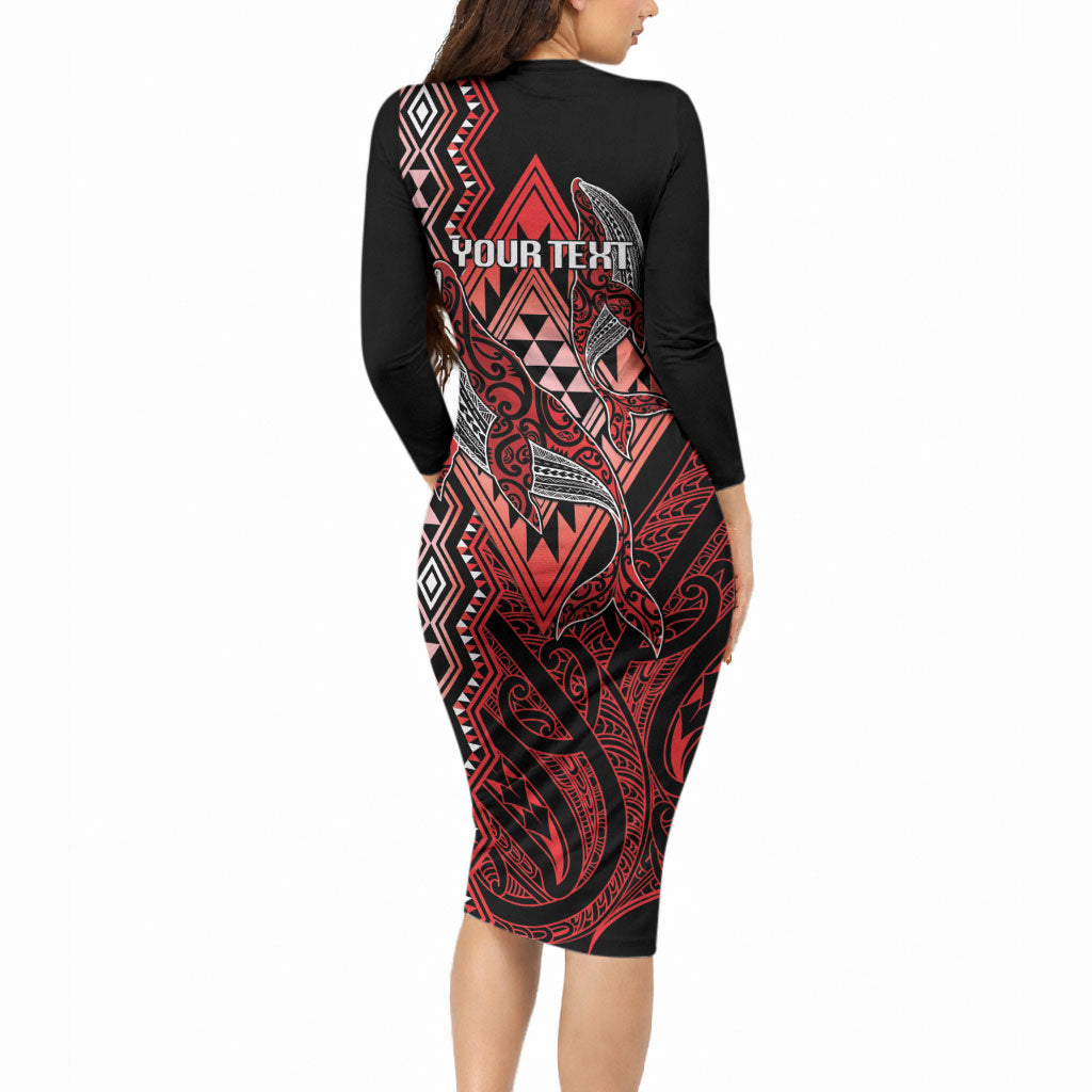 Aotearoa Iwi Ngapuhi Personalised Long Sleeve Bodycon Dress NZ Maori Humpback Whale Taniko Motifs LT14 - Polynesian Pride
