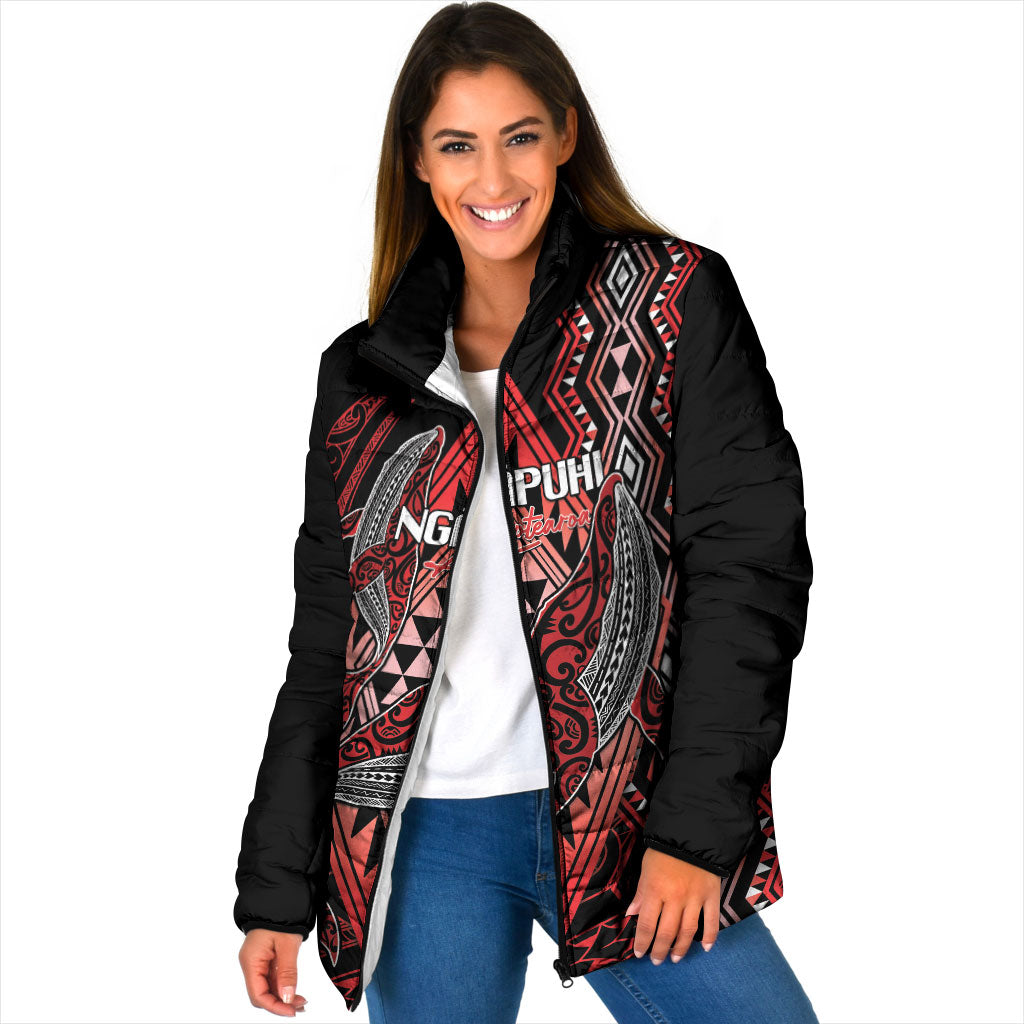 Aotearoa Iwi Ngapuhi Personalised Padded Jacket NZ Maori Humpback Whale Taniko Motifs LT14 Women Red - Polynesian Pride