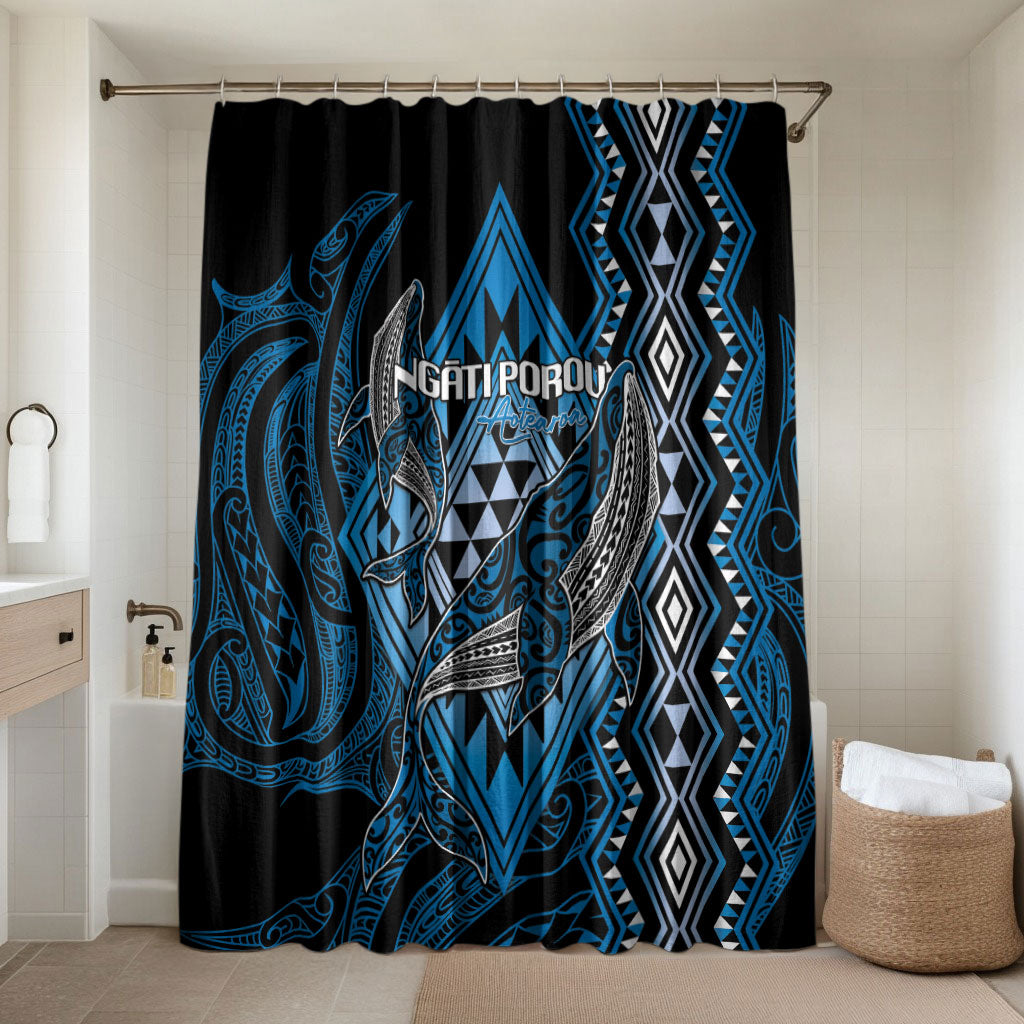 Aotearoa Iwi Ngati Porou Bathroom Set NZ Maori Humpback Whale Taniko Motifs LT14 Shower Curtain Only Blue - Polynesian Pride