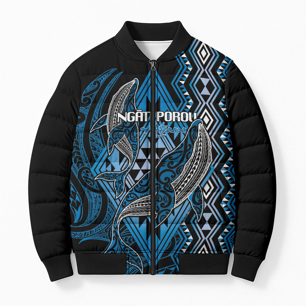 Aotearoa Iwi Ngati Porou Personalised Bomber Puffer Jacket NZ Maori Humpback Whale Taniko Motifs LT14 Unisex Blue - Polynesian Pride