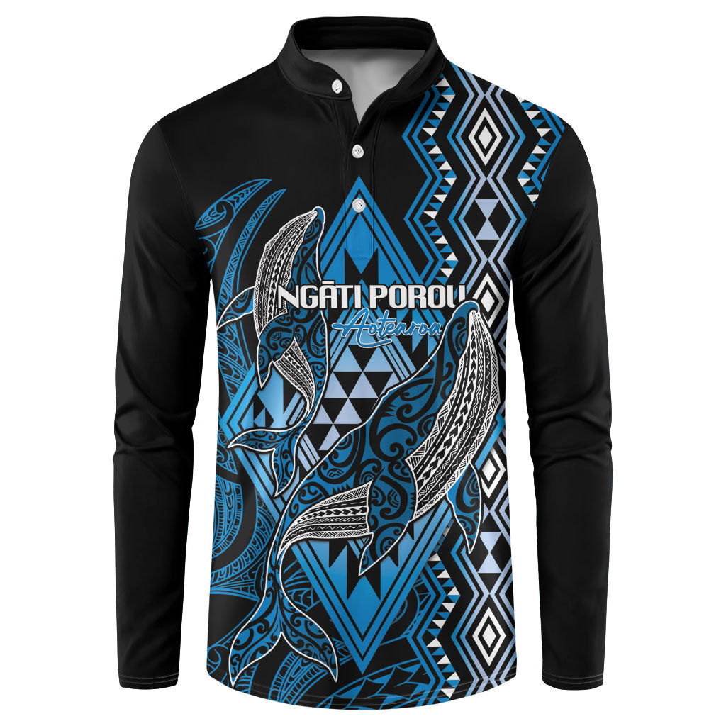 Aotearoa Iwi Ngati Porou Personalised Button Sweatshirt NZ Maori Humpback Whale Taniko Motifs LT14 Blue - Polynesian Pride