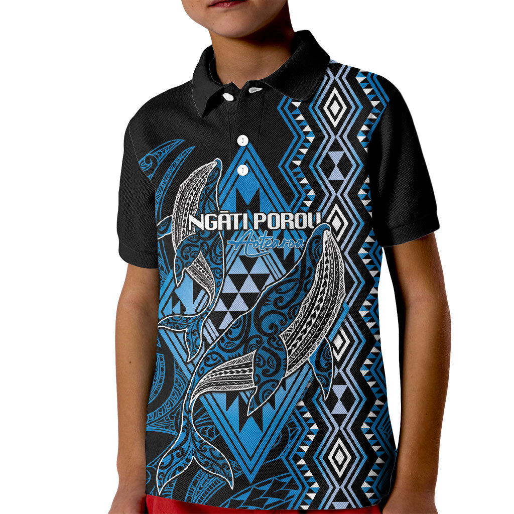 Aotearoa Iwi Ngati Porou Personalised Kid Polo Shirt NZ Maori Humpback Whale Taniko Motifs LT14 Kid Blue - Polynesian Pride