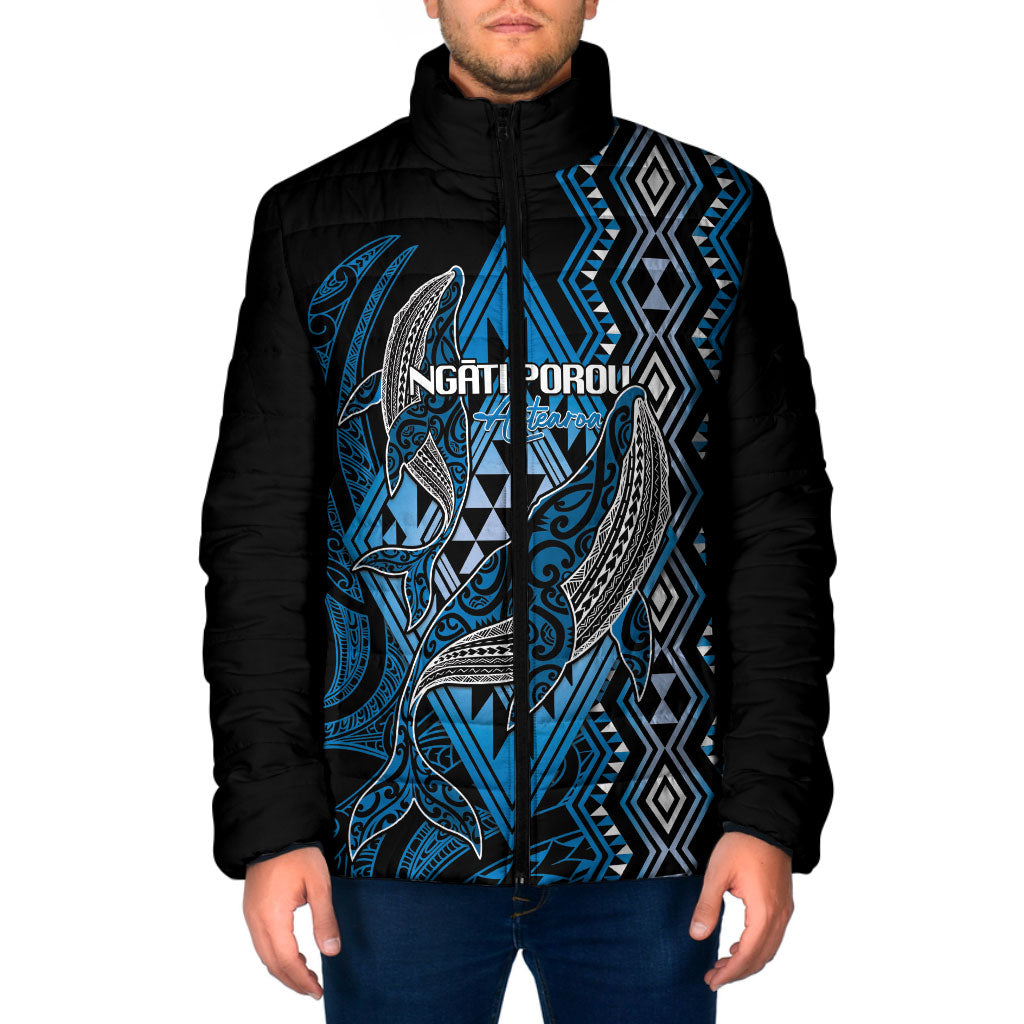 Aotearoa Iwi Ngati Porou Personalised Padded Jacket NZ Maori Humpback Whale Taniko Motifs LT14 Men Blue - Polynesian Pride