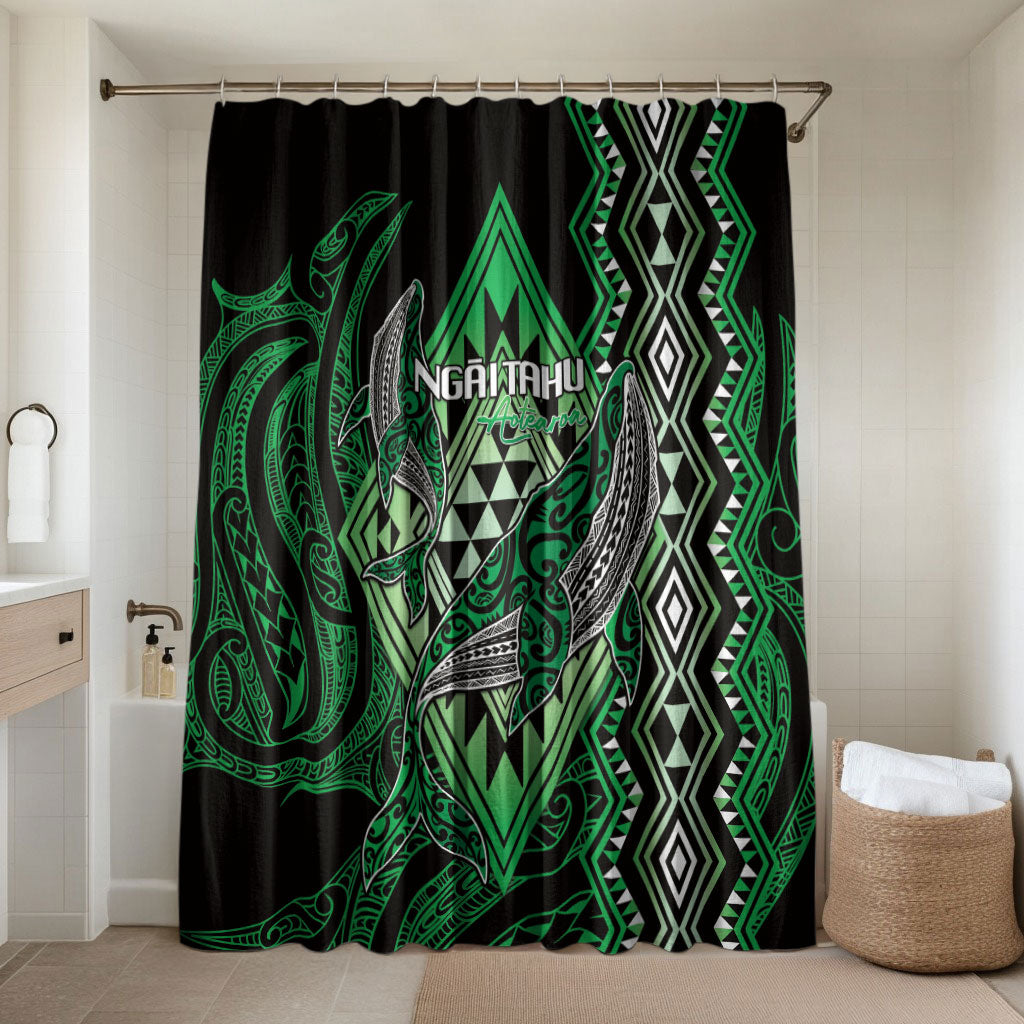 Aotearoa Iwi Ngai Tahu Bathroom Set NZ Maori Humpback Whale Taniko Motifs LT14 Shower Curtain Only Green - Polynesian Pride