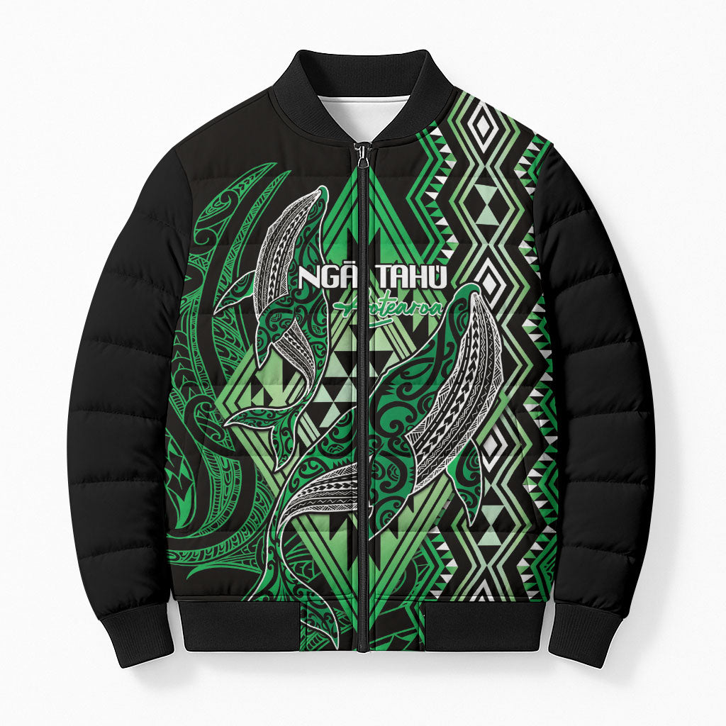 Aotearoa Iwi Ngai Tahu Personalised Bomber Puffer Jacket NZ Maori Humpback Whale Taniko Motifs LT14 Unisex Green - Polynesian Pride