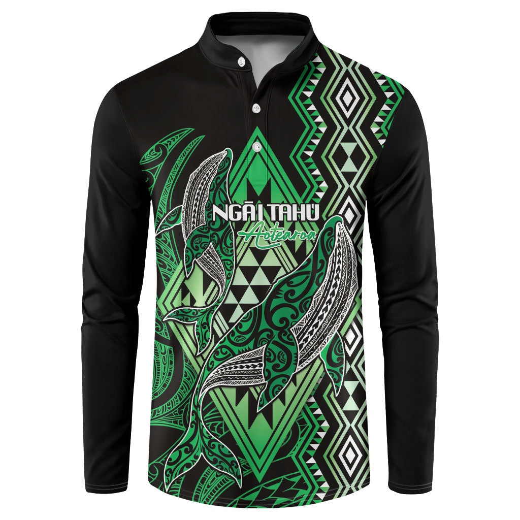 Aotearoa Iwi Ngai Tahu Personalised Button Sweatshirt NZ Maori Humpback Whale Taniko Motifs LT14 Green - Polynesian Pride