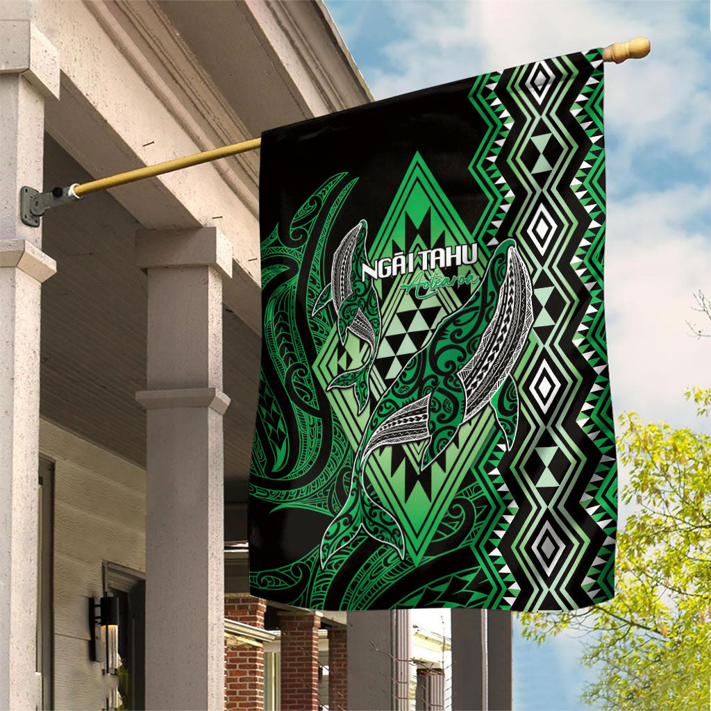 Aotearoa Iwi Ngai Tahu Garden Flag NZ Maori Humpback Whale Taniko Motifs LT14 House Flag Green - Polynesian Pride