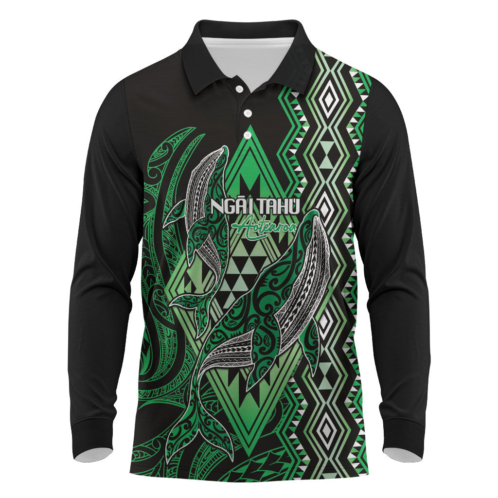 Aotearoa Iwi Ngai Tahu Personalised Long Sleeve Polo Shirt NZ Maori Humpback Whale Taniko Motifs LT14 Green - Polynesian Pride