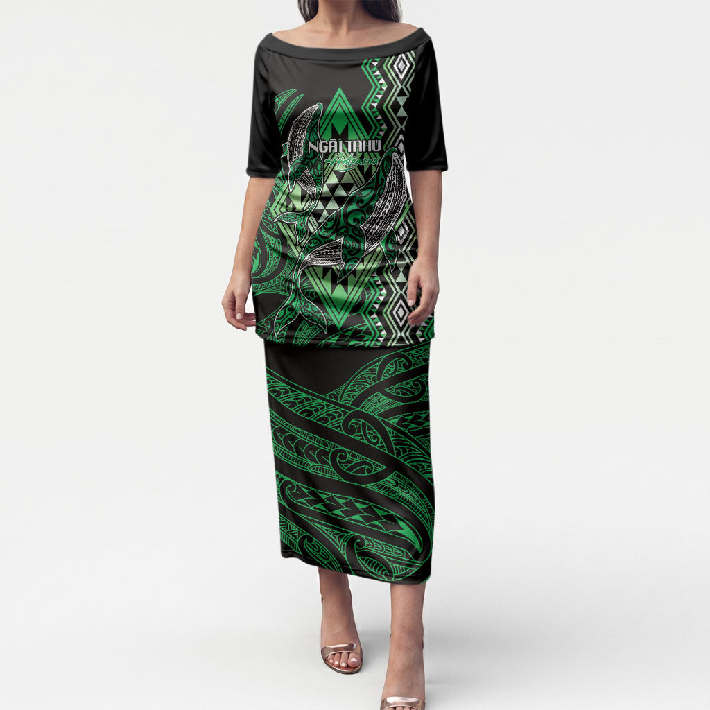 Aotearoa Iwi Ngai Tahu Personalised Puletasi NZ Maori Humpback Whale Taniko Motifs LT14 Long Dress Green - Polynesian Pride