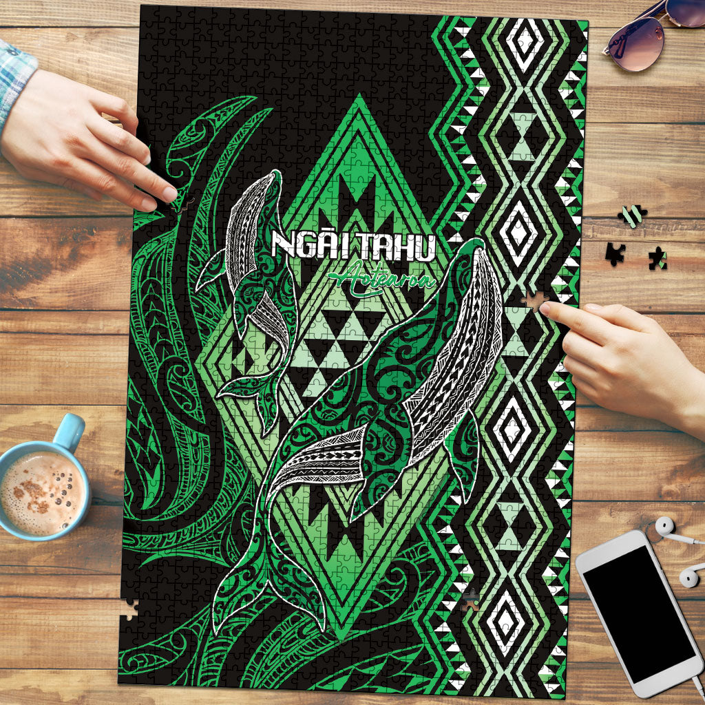 Aotearoa Iwi Ngai Tahu Puzzle NZ Maori Humpback Whale Taniko Motifs LT14 Green - Polynesian Pride