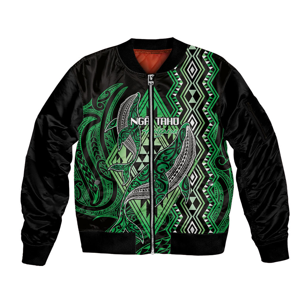 Aotearoa Iwi Ngai Tahu Personalised Sleeve Zip Bomber Jacket NZ Maori Humpback Whale Taniko Motifs LT14 Unisex Green - Polynesian Pride