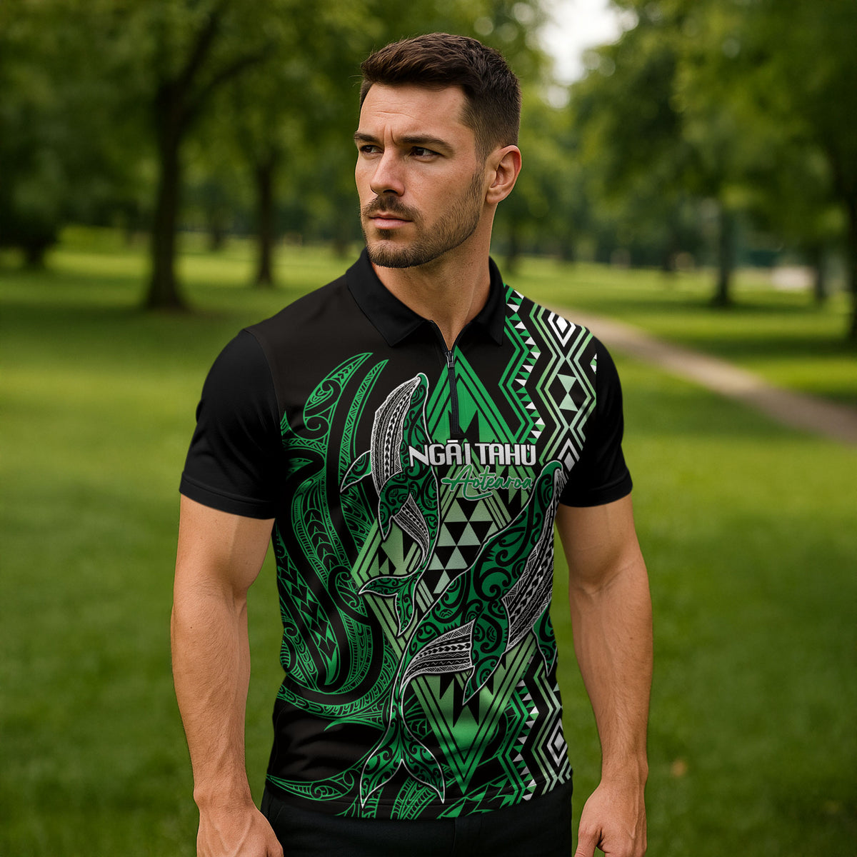 Aotearoa Iwi Ngai Tahu Personalised Zipper Polo Shirt NZ Maori Humpback Whale Taniko Motifs LT14 - Polynesian Pride