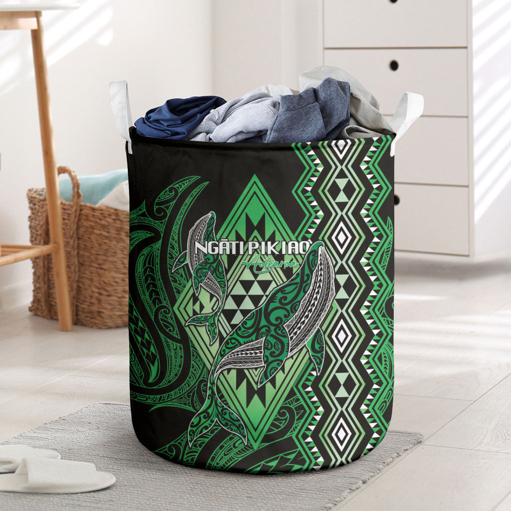 Aotearoa Iwi Ngati Pikiao Laundry Basket NZ Maori Humpback Whale Taniko Motifs LT14 Green - Polynesian Pride