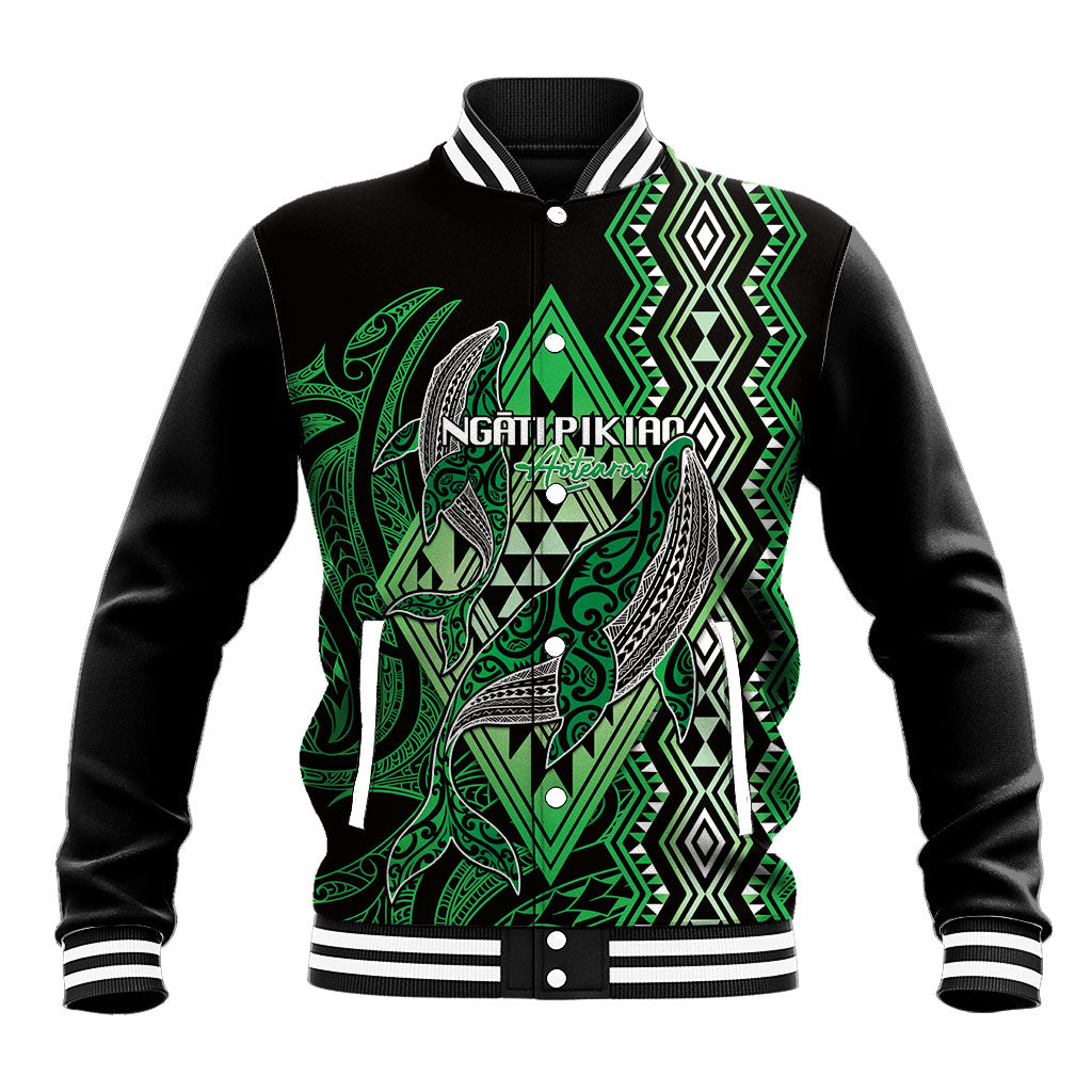 Aotearoa Iwi Ngati Pikiao Personalised Baseball Jacket NZ Maori Humpback Whale Taniko Motifs LT14 Unisex Green - Polynesian Pride
