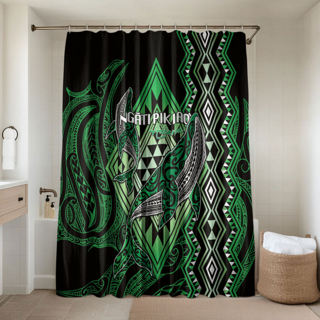 Aotearoa Iwi Ngati Pikiao Bathroom Set NZ Maori Humpback Whale Taniko Motifs LT14 Shower Curtain Only Green - Polynesian Pride