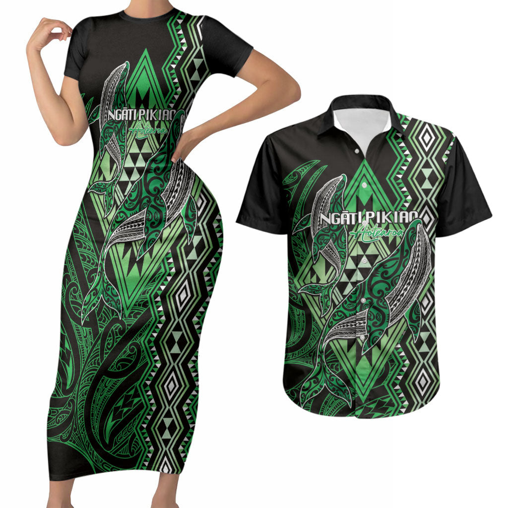 Aotearoa Iwi Ngati Pikiao Personalised Couples Matching Short Sleeve Bodycon Dress and Hawaiian Shirt NZ Maori Humpback Whale Taniko Motifs LT14 Green - Polynesian Pride