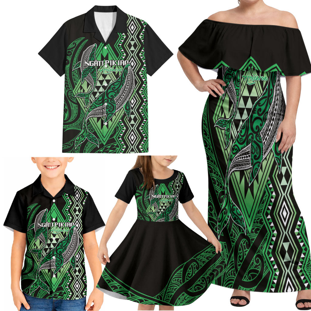 Aotearoa Iwi Ngati Pikiao Personalised Family Matching Off Shoulder Maxi Dress and Hawaiian Shirt NZ Maori Humpback Whale Taniko Motifs LT14 - Polynesian Pride
