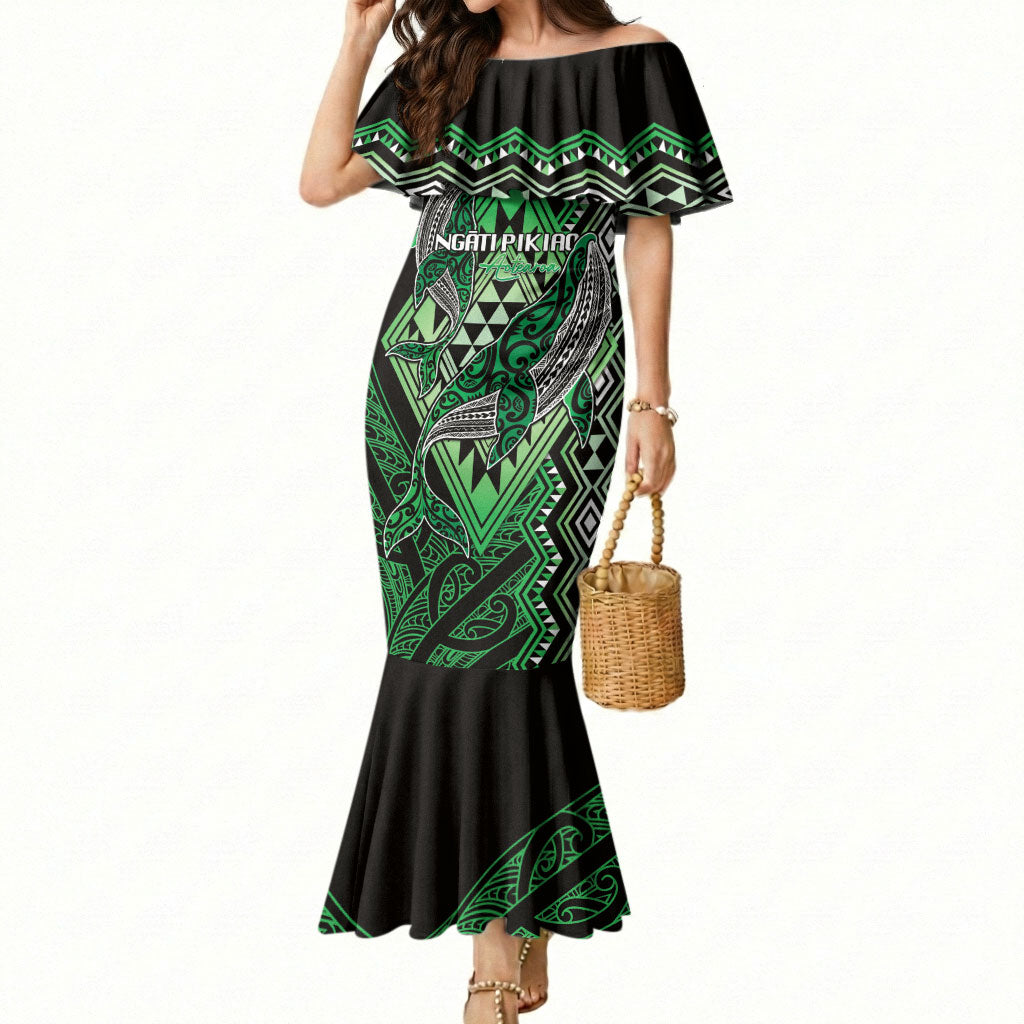 Aotearoa Iwi Ngati Pikiao Personalised Mermaid Dress NZ Maori Humpback Whale Taniko Motifs LT14 Women Green - Polynesian Pride