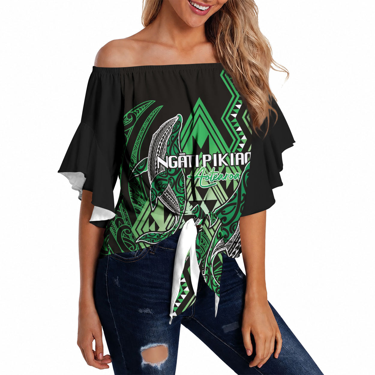 Aotearoa Iwi Ngati Pikiao Personalised Off Shoulder Wrap Waist Top NZ Maori Humpback Whale Taniko Motifs