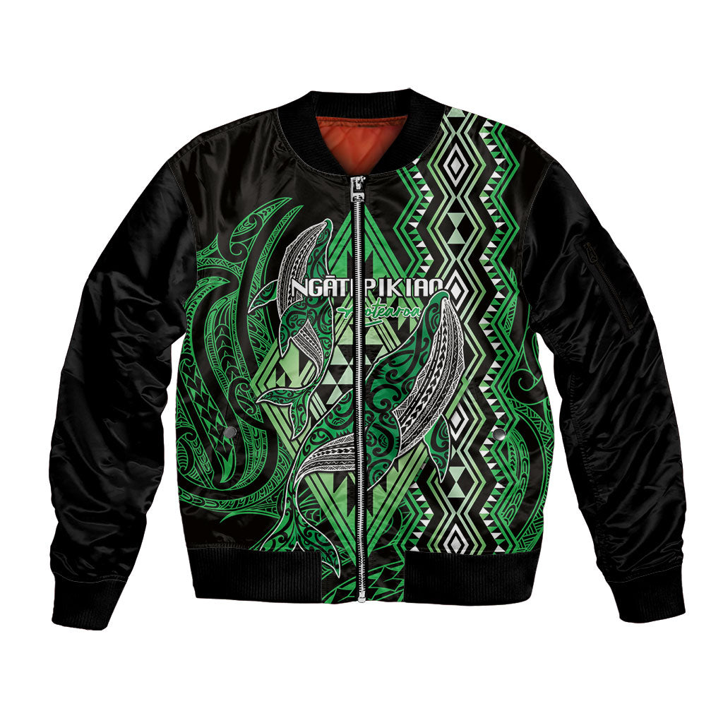 Aotearoa Iwi Ngati Pikiao Personalised Sleeve Zip Bomber Jacket NZ Maori Humpback Whale Taniko Motifs LT14 Unisex Green - Polynesian Pride