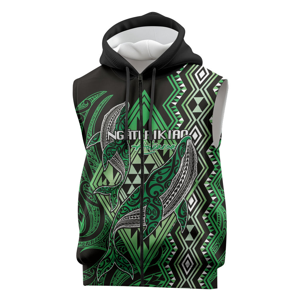 Aotearoa Iwi Ngati Pikiao Personalised Sleeveless Zip Hoodie NZ Maori Humpback Whale Taniko Motifs LT14 Green - Polynesian Pride