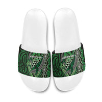Aotearoa Iwi Ngati Pikiao Slide Sandals NZ Maori Humpback Whale Taniko Motifs LT14 Green - Polynesian Pride