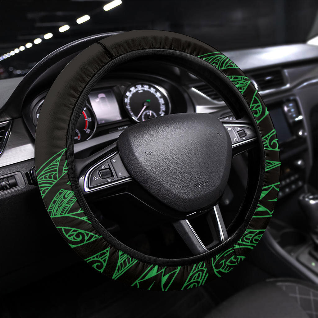 Aotearoa Iwi Ngati Pikiao Steering Wheel Cover NZ Maori Humpback Whale Taniko Motifs LT14 Universal Fit Green - Polynesian Pride