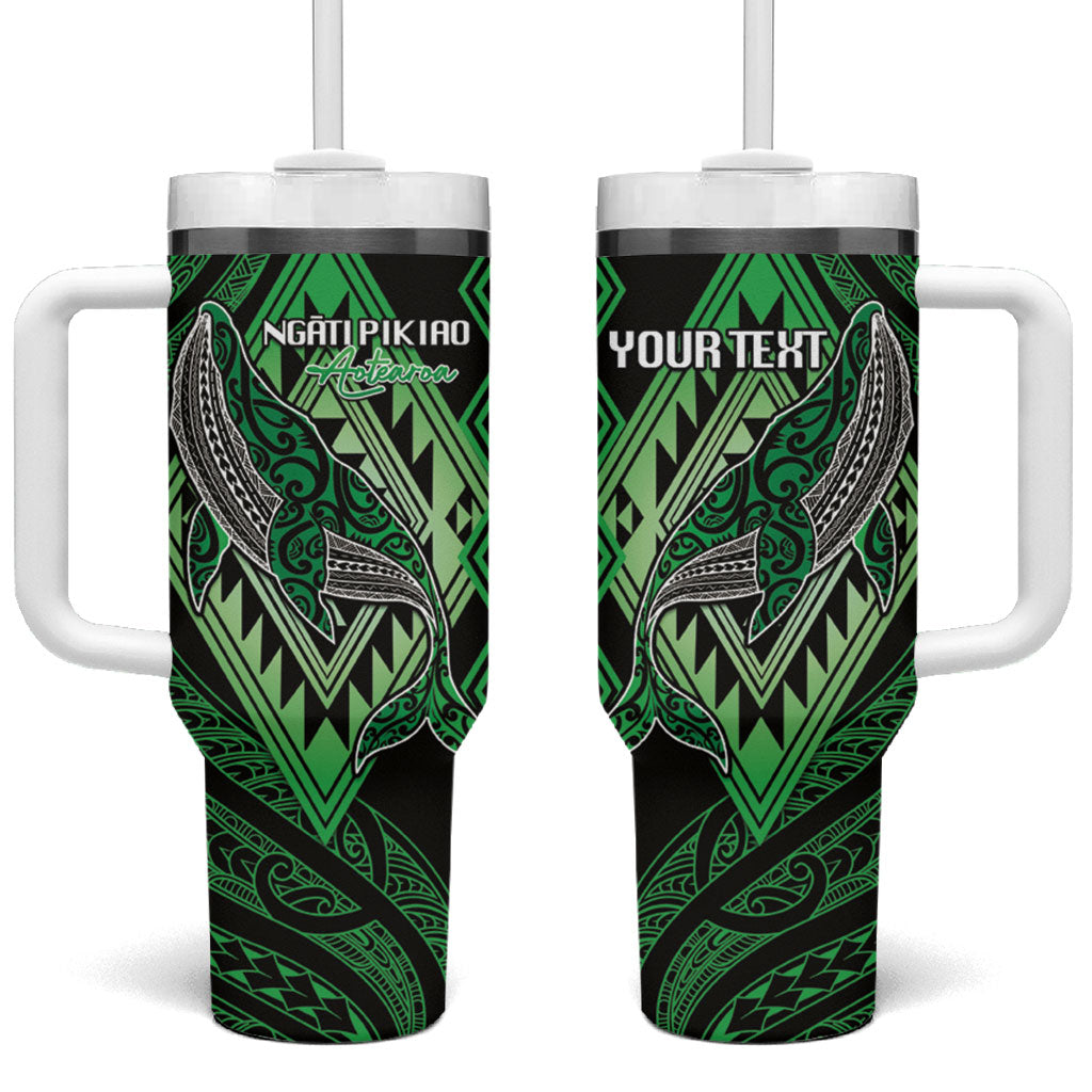 Aotearoa Iwi Ngati Pikiao Personalised Tumbler With Handle NZ Maori Humpback Whale Taniko Motifs LT14 One Size: 40 oz Green - Polynesian Pride