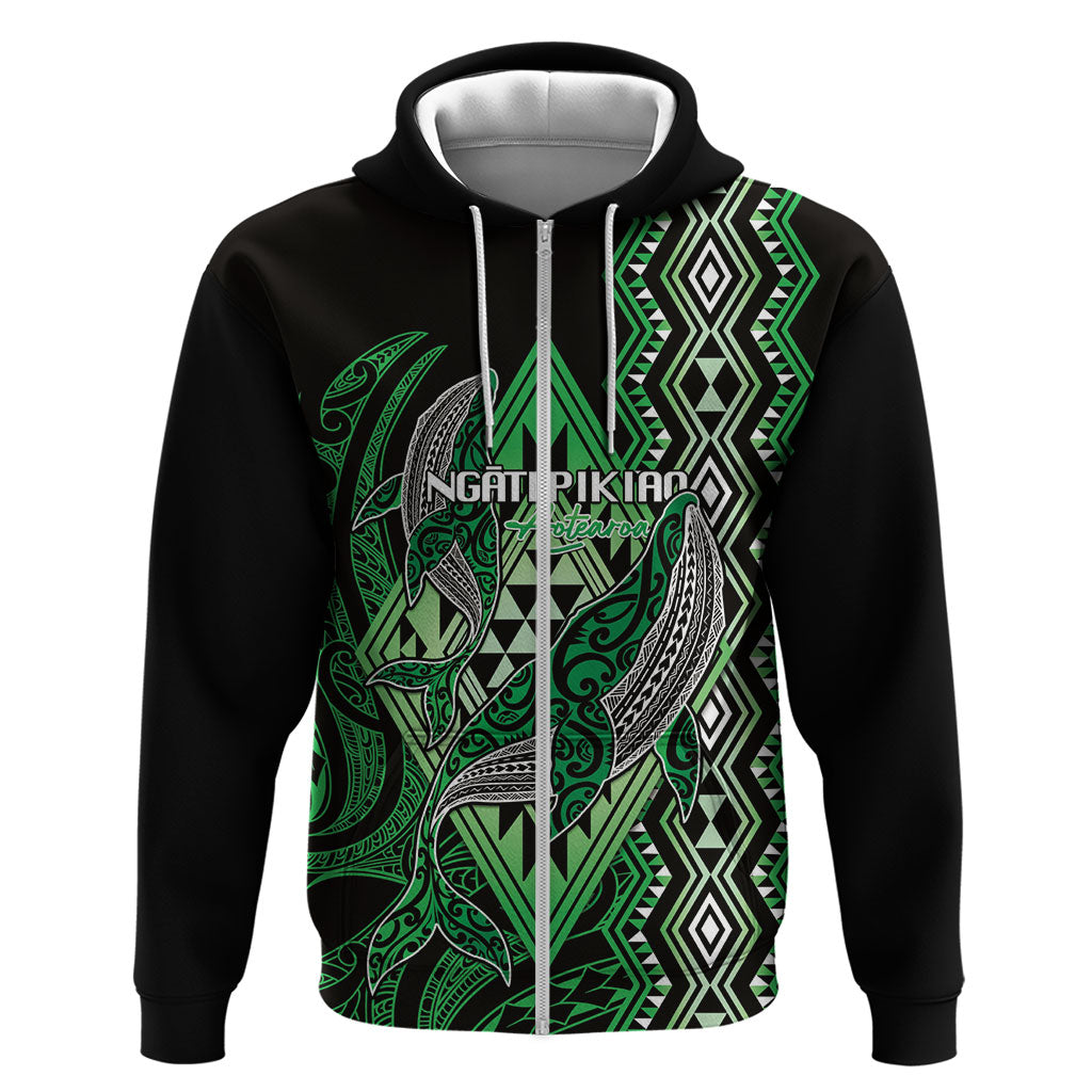 Aotearoa Iwi Ngati Pikiao Personalised Zip Hoodie NZ Maori Humpback Whale Taniko Motifs LT14 Zip Hoodie Green - Polynesian Pride