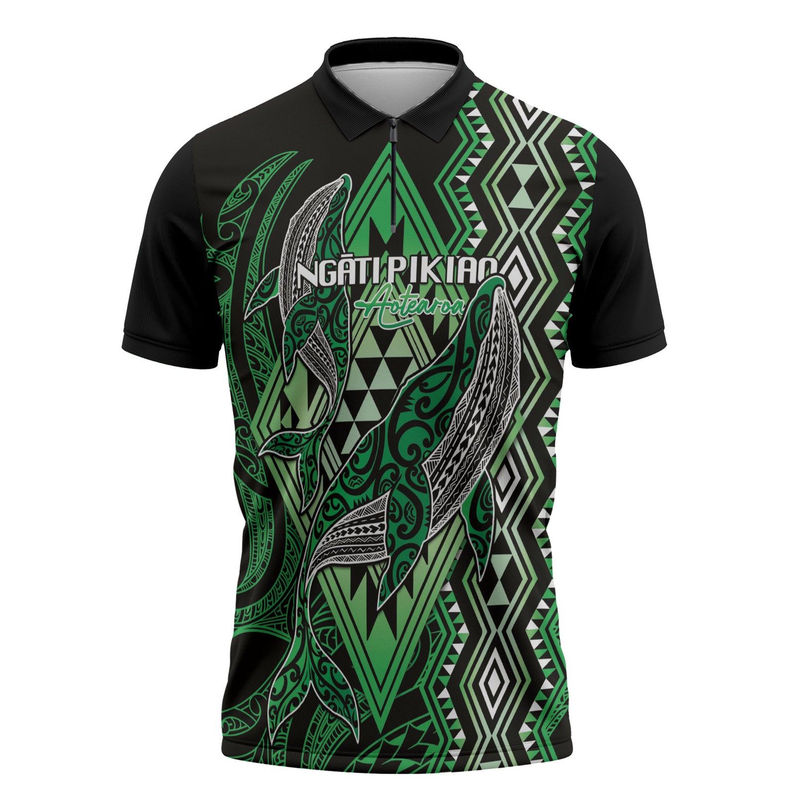 Aotearoa Iwi Ngati Pikiao Personalised Zipper Polo Shirt NZ Maori Humpback Whale Taniko Motifs LT14 Green - Polynesian Pride