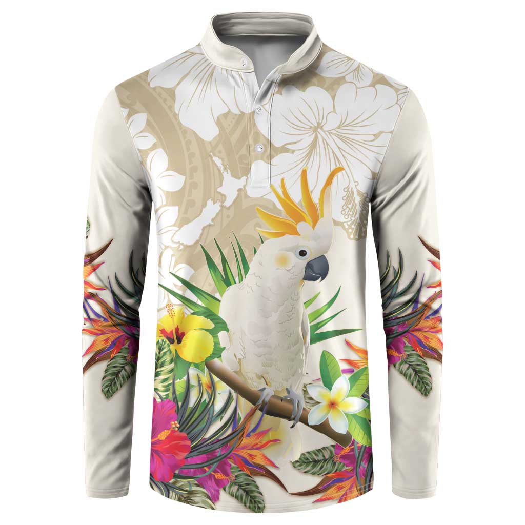 New Zealand Cacatua Galerita Button Sweatshirt Aotearoa Cockatoo Tropical Flowers LT14 Beige - Polynesian Pride