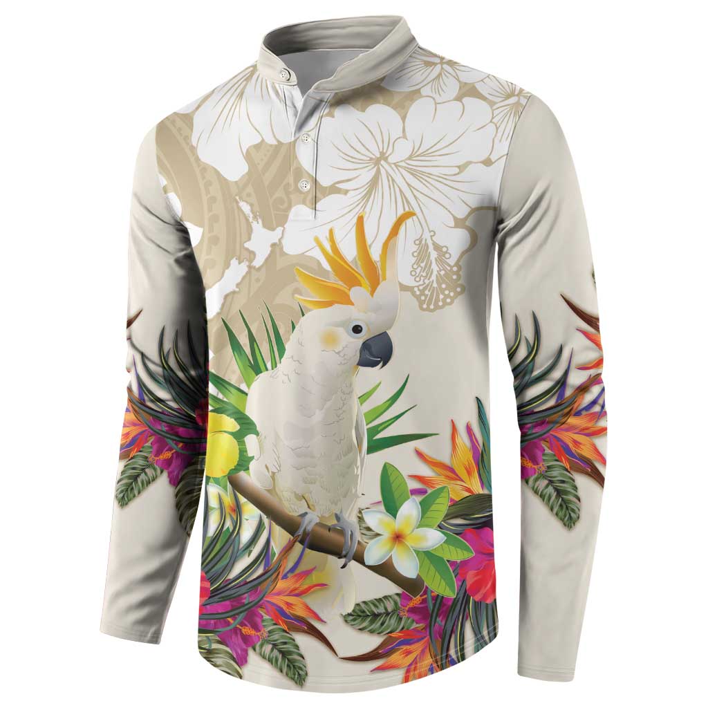 New Zealand Cacatua Galerita Button Sweatshirt Aotearoa Cockatoo Tropical Flowers LT14 - Polynesian Pride