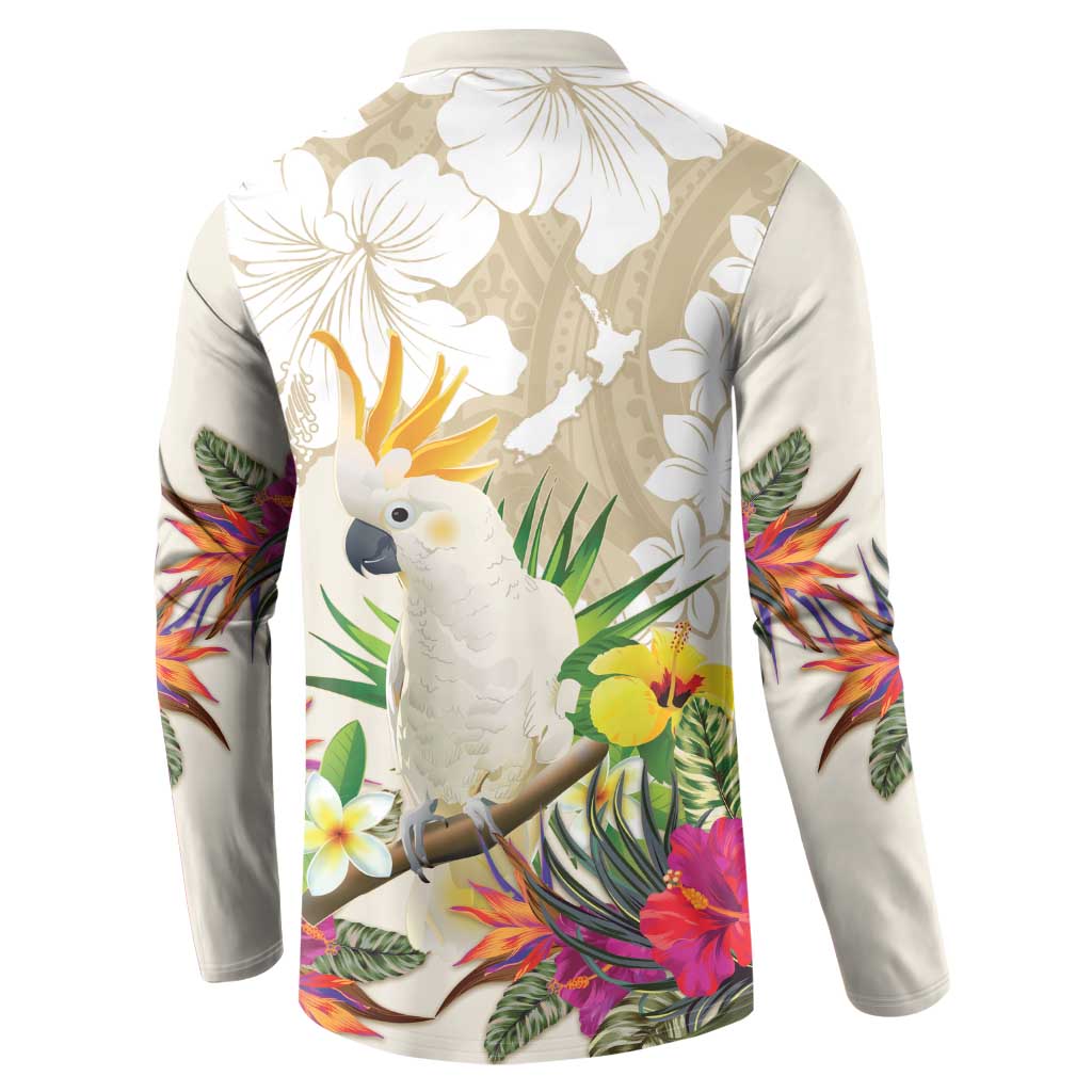 New Zealand Cacatua Galerita Button Sweatshirt Aotearoa Cockatoo Tropical Flowers LT14 - Polynesian Pride