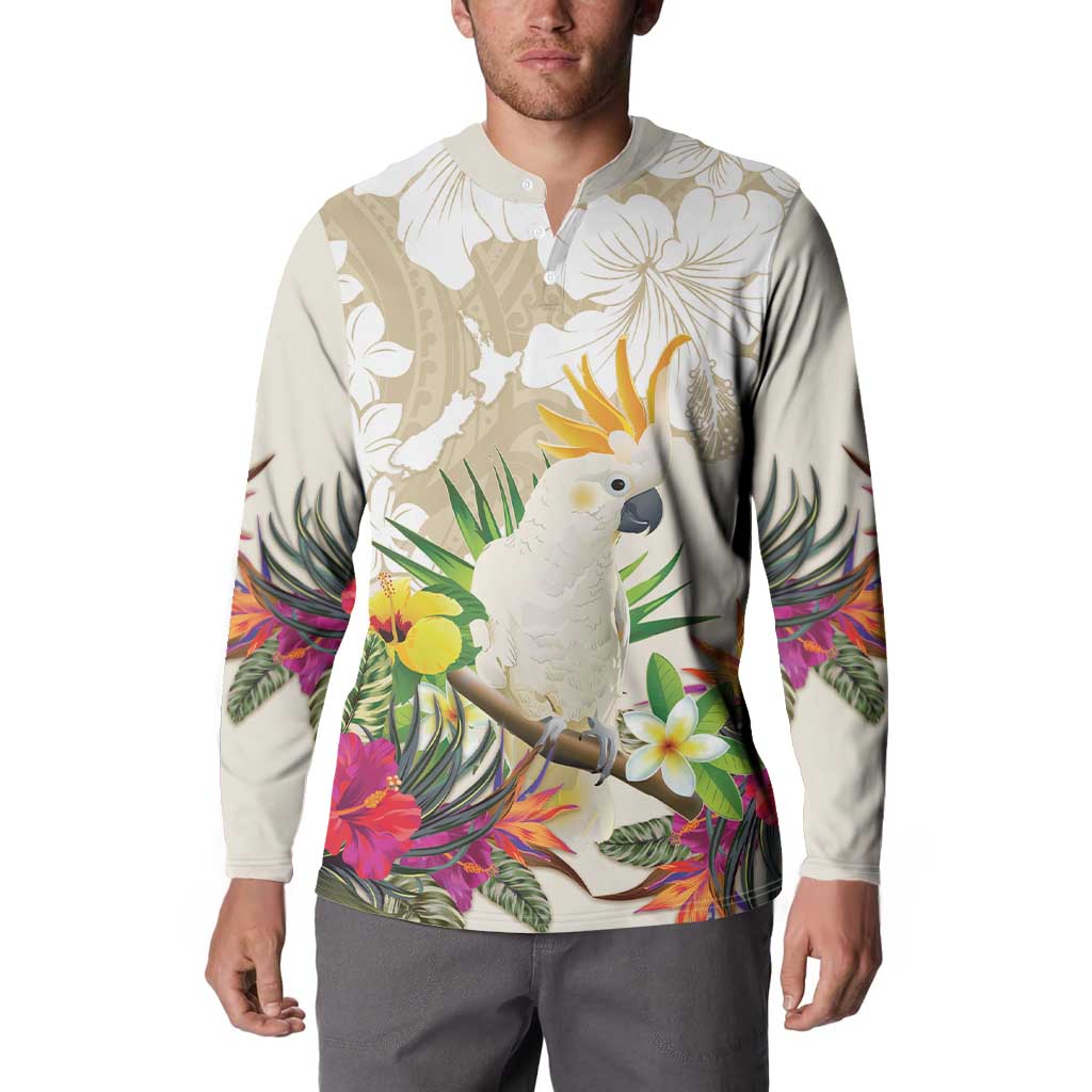 New Zealand Cacatua Galerita Button Sweatshirt Aotearoa Cockatoo Tropical Flowers LT14 - Polynesian Pride