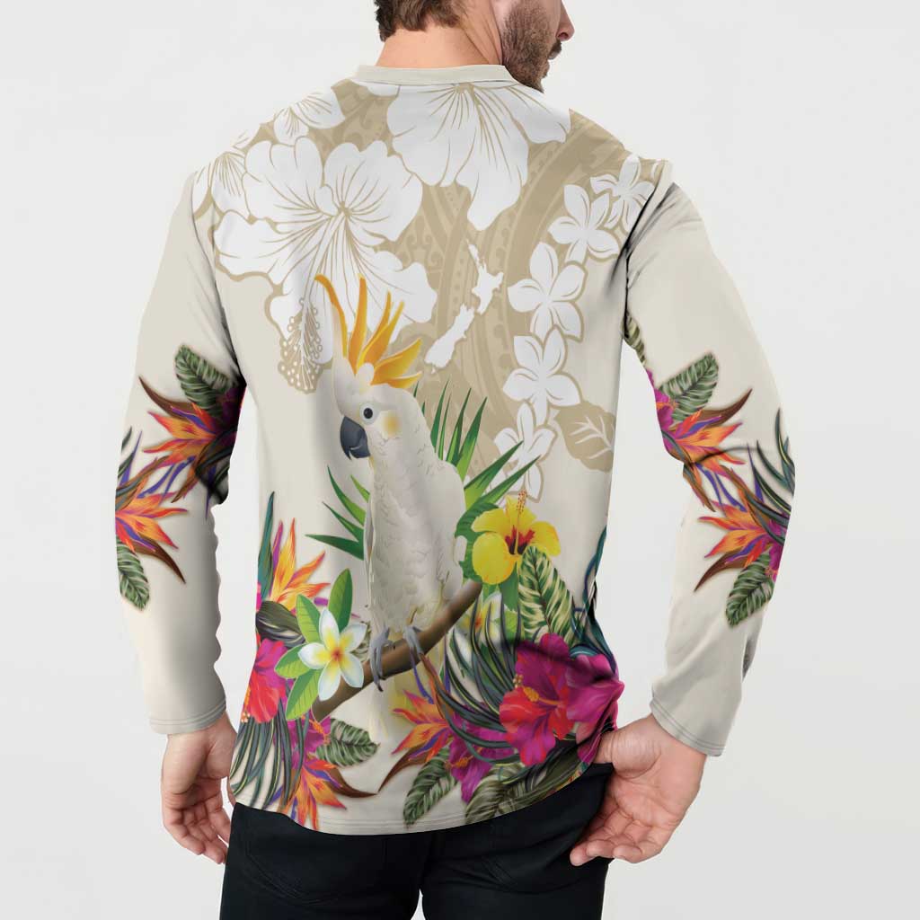 New Zealand Cacatua Galerita Button Sweatshirt Aotearoa Cockatoo Tropical Flowers LT14 - Polynesian Pride