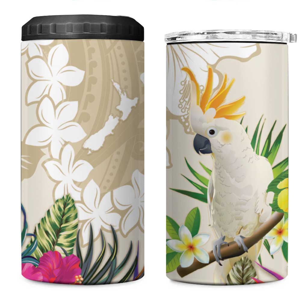 New Zealand Cacatua Galerita 4 in 1 Can Cooler Tumbler Aotearoa Cockatoo Tropical Flowers