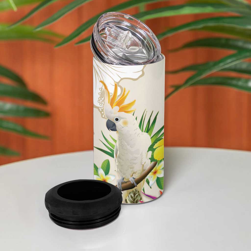 New Zealand Cacatua Galerita 4 in 1 Can Cooler Tumbler Aotearoa Cockatoo Tropical Flowers LT14 - Polynesian Pride