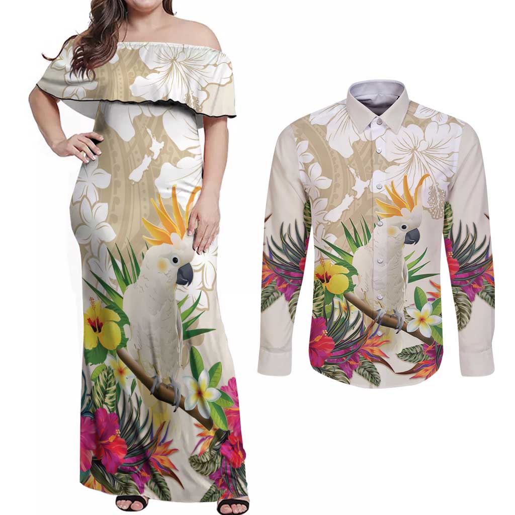 New Zealand Cacatua Galerita Couples Matching Off Shoulder Maxi Dress and Long Sleeve Button Shirt Aotearoa Cockatoo Tropical Flowers LT14 Beige - Polynesian Pride