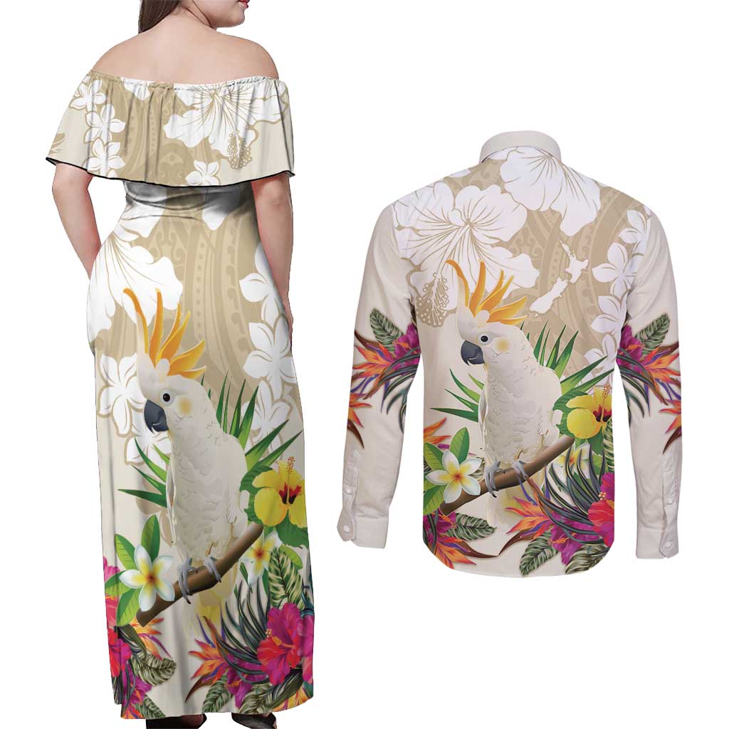 New Zealand Cacatua Galerita Couples Matching Off Shoulder Maxi Dress and Long Sleeve Button Shirt Aotearoa Cockatoo Tropical Flowers LT14 - Polynesian Pride
