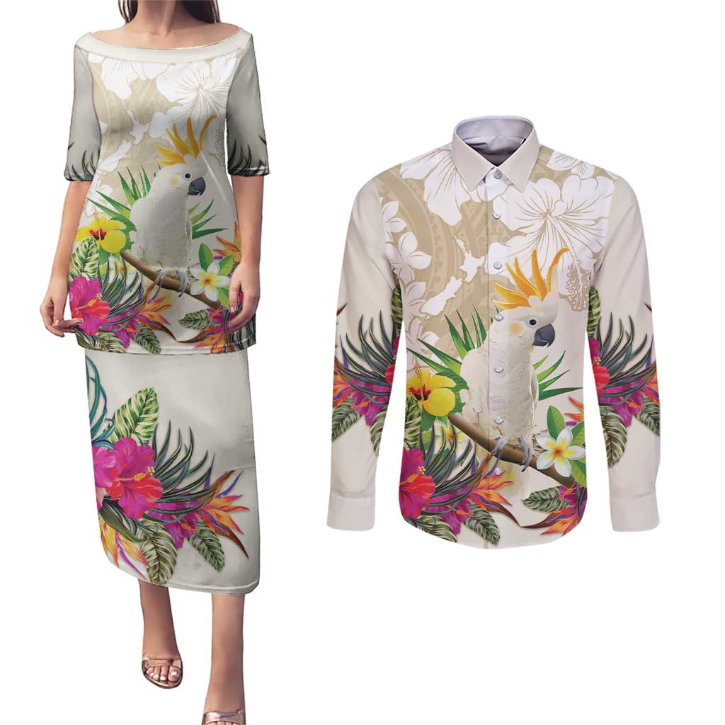 New Zealand Cacatua Galerita Couples Matching Puletasi and Long Sleeve Button Shirt Aotearoa Cockatoo Tropical Flowers LT14 Beige - Polynesian Pride