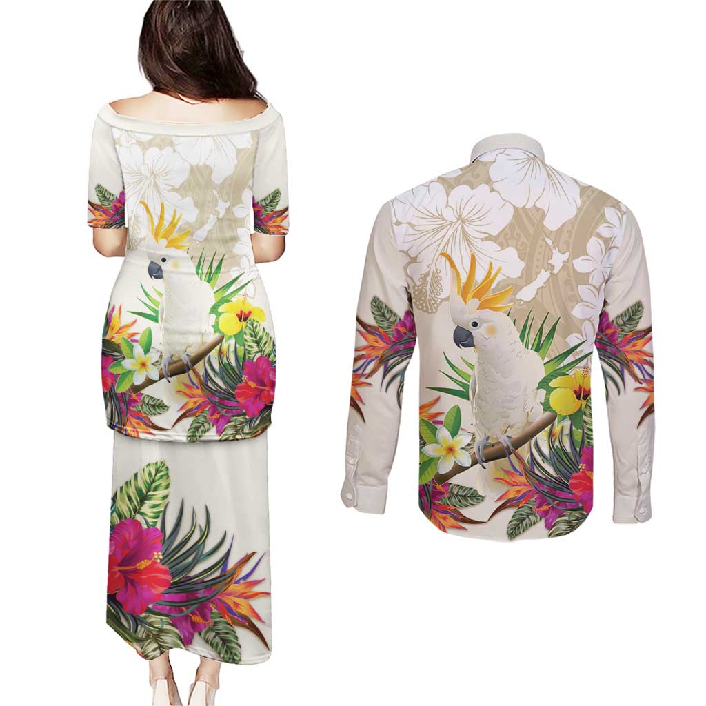 New Zealand Cacatua Galerita Couples Matching Puletasi and Long Sleeve Button Shirt Aotearoa Cockatoo Tropical Flowers LT14 - Polynesian Pride