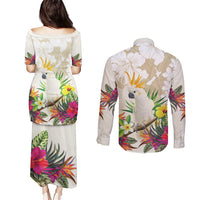 New Zealand Cacatua Galerita Couples Matching Puletasi and Long Sleeve Button Shirt Aotearoa Cockatoo Tropical Flowers LT14 - Polynesian Pride