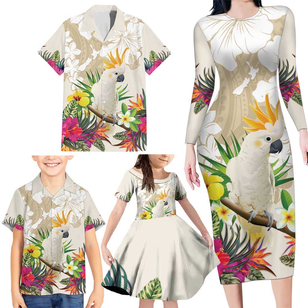 New Zealand Cacatua Galerita Family Matching Long Sleeve Bodycon Dress and Hawaiian Shirt Aotearoa Cockatoo Tropical Flowers LT14 - Polynesian Pride